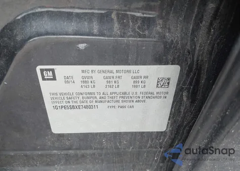 2014 Chevrolet Cruze 2Lt Auto из США, поврежденный, VIN 1G1PE5SBXE7480311